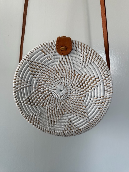 Amerii Handbags - Round Woven Crossbody Bag with Tan Leather Trim - White